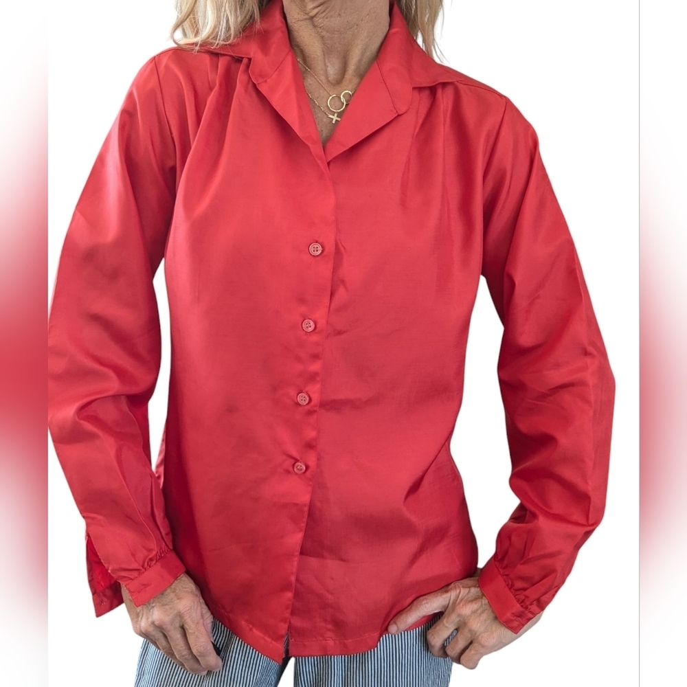 Vintage Shapely Women’s Red Satin Button-Up 1960s Elegant Dressy Top Size 8